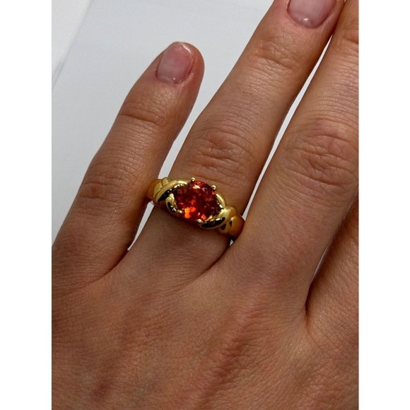 925 STERLING SILVER GOLD PLATED HESSONITE RING  SIZE 7 - Picture 1 of 10